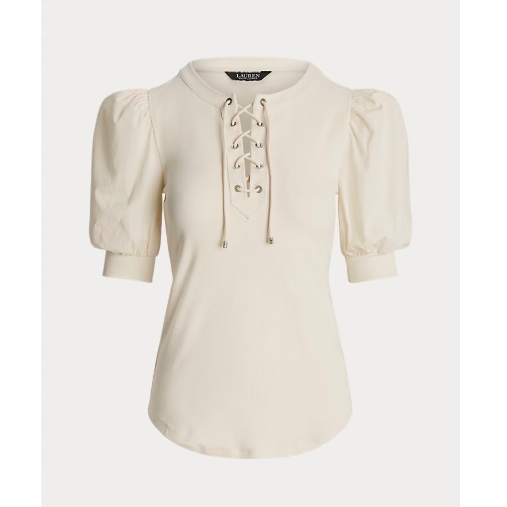 Lauren Ralph Lauren Ivory Lace Up Cotton Puff Sleeve Top Lace Up Women's XS
